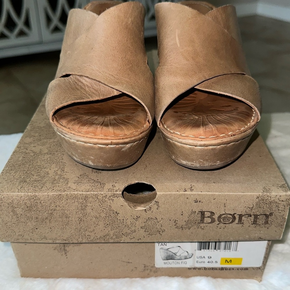 Born tan leather wedge sandals size 9